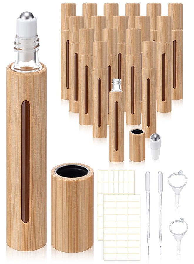 BrightRow 18 Pcs 10ml Bamboo Roll on Bottles for Essential Oils Empty Bottles with Stainless Steel Roller Balls with Funnels, 3ml Droppers and Stickers - Image 1